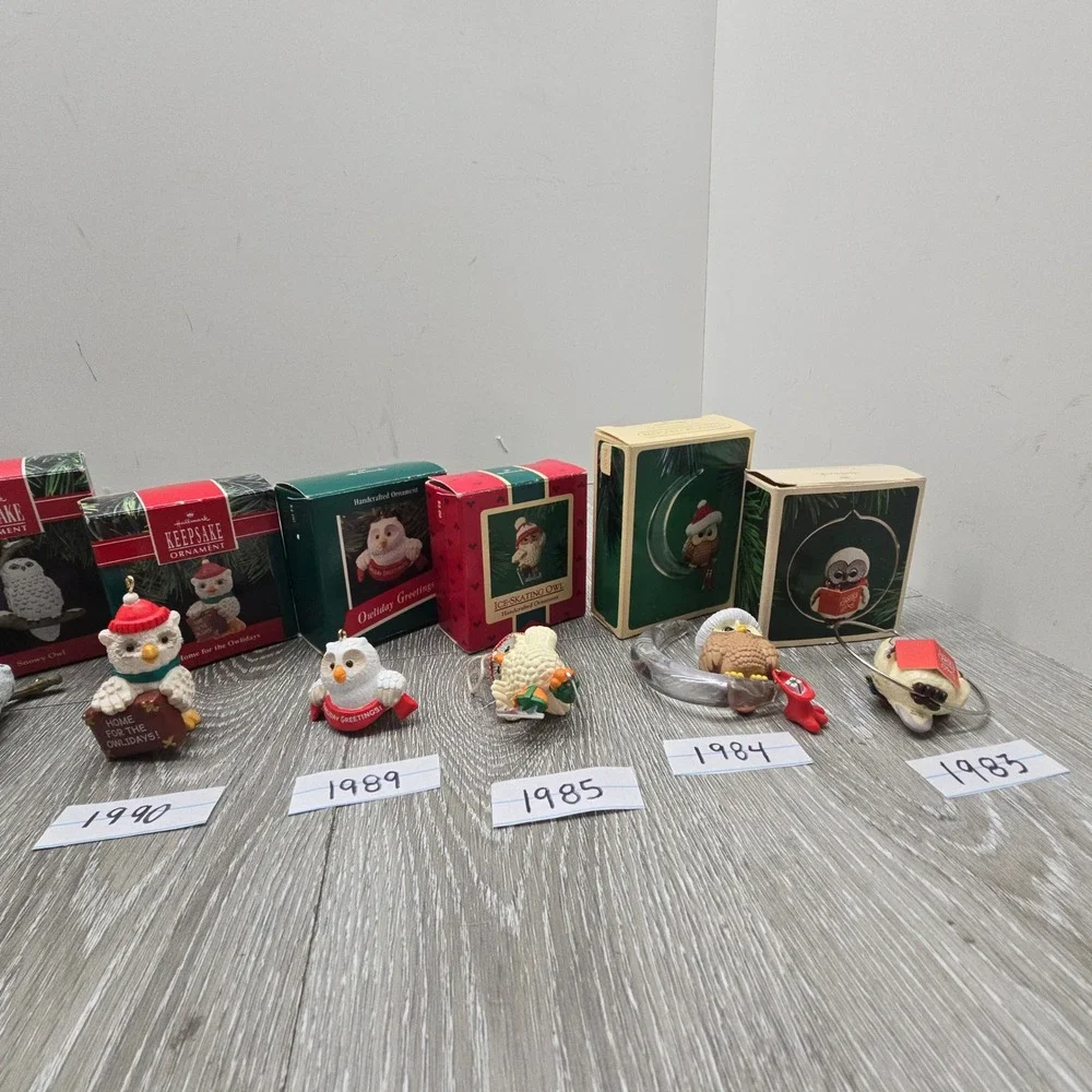 Vintage Hallmark Owl Ornament Lot 1983-1994 Owliver Series Christmas Boxed 9pc‎